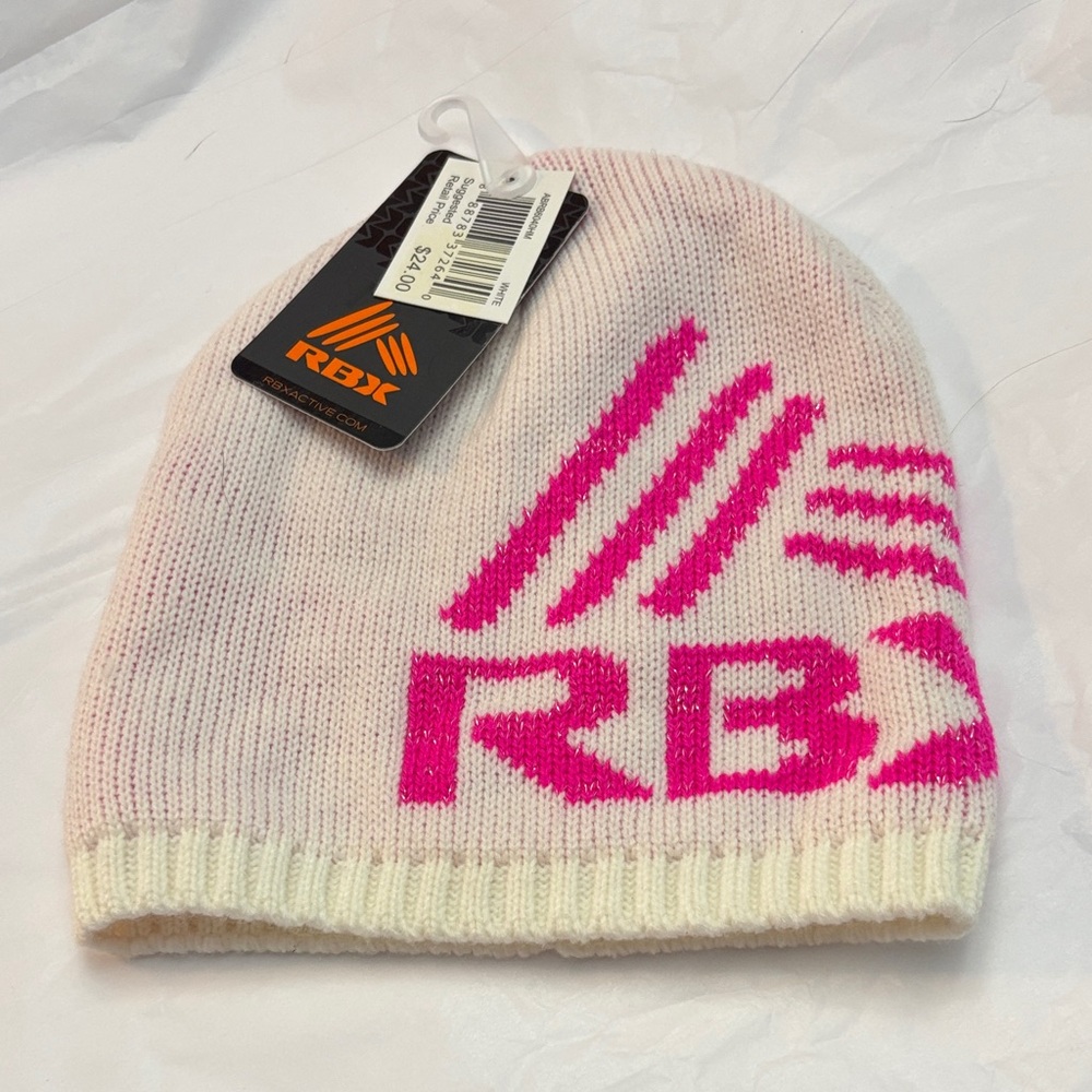 RBX Kids Knit Beanie in Pink/Silver and White
